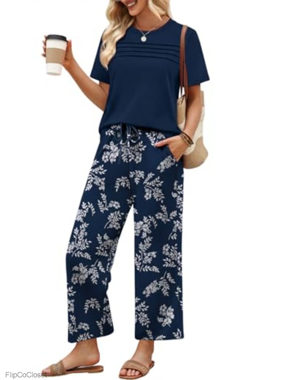 Floral Two Piece Lounge Set with Short Sleeve Top and Wide Leg Pants